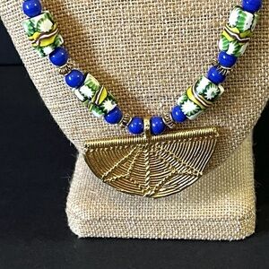 African Tribal Glass Beaded Necklace Dyed Howlite Miliflori Venetian Thai Silver